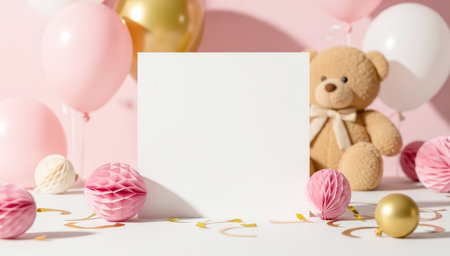 Blank card with teddy bear, balloons and confetti on white tableの素材