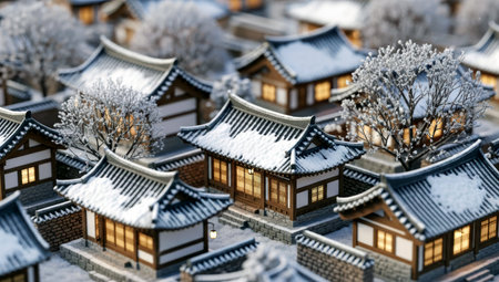 Aerial view of traditional japanese buildings covered with snow.の素材