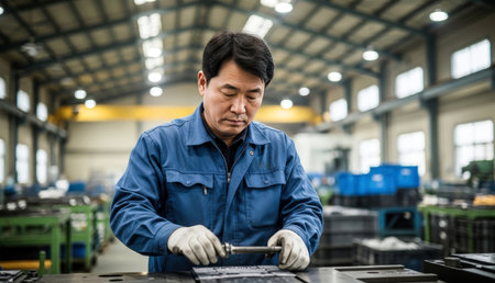 Portrait of mature Asian worker using wrench in factory. This is a freight transportation and distribution warehouse. Industrial and industrial workers conceptの素材