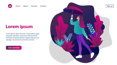 Landing page template of Leisure plan. Female character with umbrella standing in the jungle.のイラスト素材