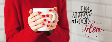 warm cup of hot coffee.  Girl with a cup of tea coffee  Poster for social network, banner or print...