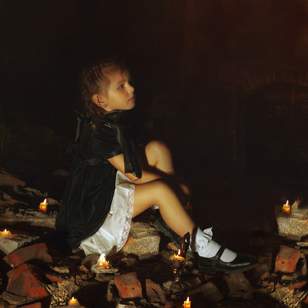 Portrait of scared little girlの写真素材