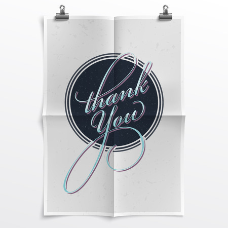 Thank You Note with a Retrofuturistic Touch on a Folded Poster Template with Realistic Texture and Shadow - Layered, Organized Vector Fileのイラスト素材