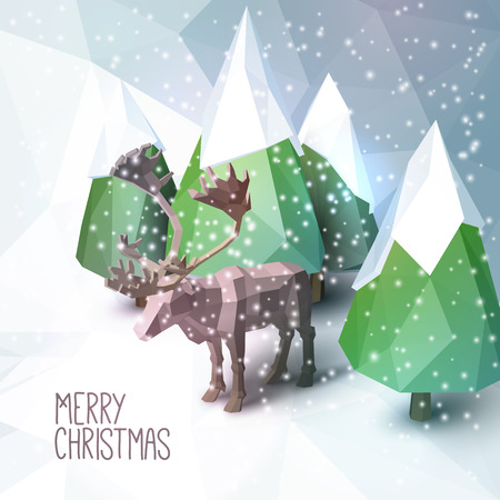 Low poly Christmas scene with reindeer and pines - Christmas Greeting Cardのイラスト素材