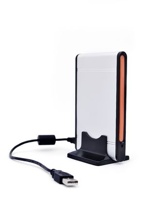 portable hard drive on a standの写真素材