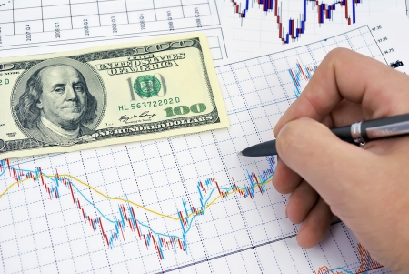 analysis of stock charts, and $ 100の写真素材