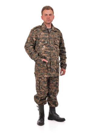 a man in camouflage clothing on a white backgroundの写真素材