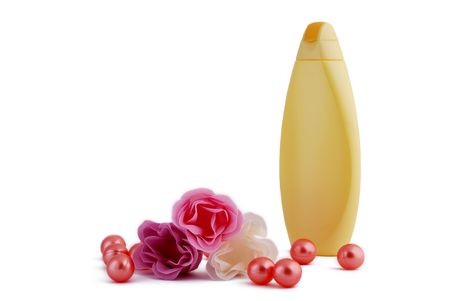 Shower gel, bath oil and soap in the form of flowersの写真素材