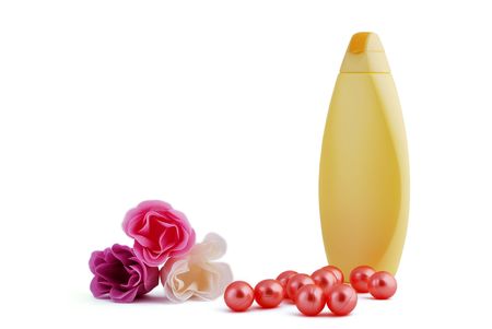 Shower gel, bath oil and soap in the form of flowersの写真素材