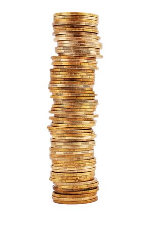 pile of gold coins on a white backgroundの写真素材