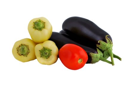 vegetables: tomatoes, eggplant and peppers on a white backgroundの写真素材