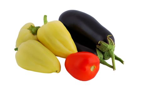 vegetables: tomatoes, eggplant and peppers on a white backgroundの写真素材