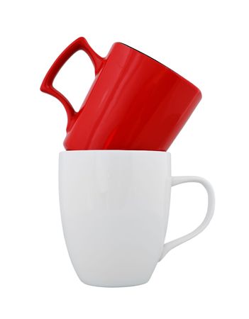 empty white and red cup on a white backgroundの写真素材