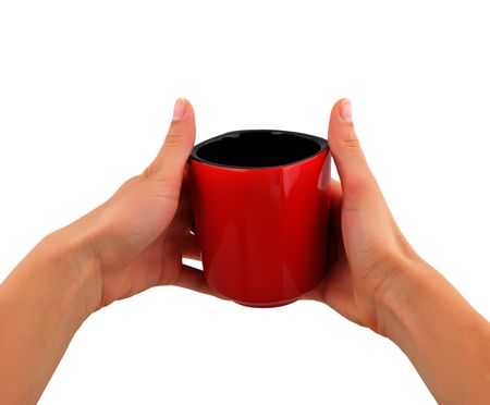red cup in hand on white backgroundの写真素材