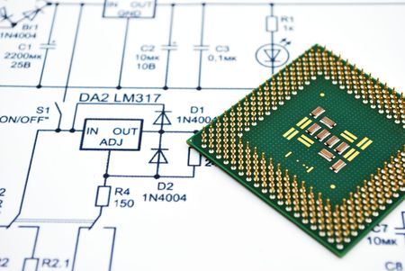Wiring Diagram and CPU. close-upの写真素材