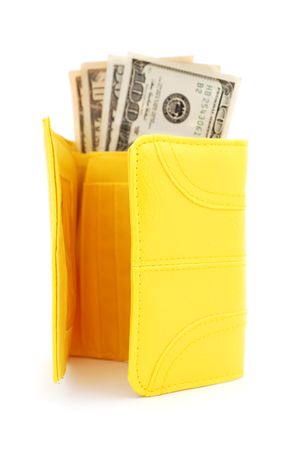 yellow leather purse on a white backgroundの写真素材
