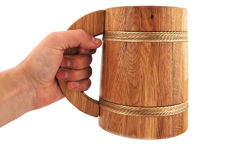 wooden beer mug on a white backgroundの写真素材