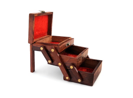 Wooden box for jewelry on a white backgroundの写真素材