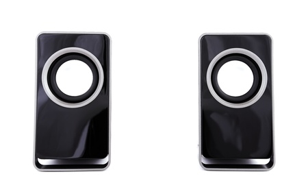 two computer speakers on a white backgroundの写真素材