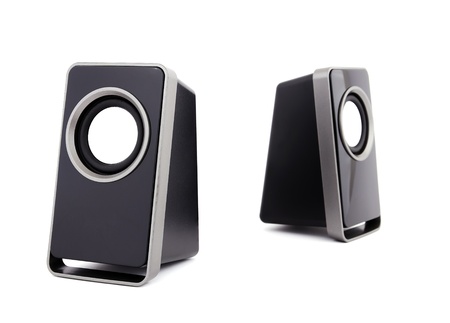 two computer speakers on a white backgroundの写真素材