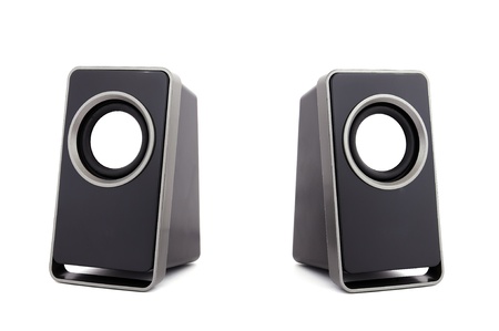 two computer speakers on a white backgroundの写真素材