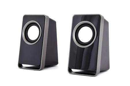 two computer speakers on a white background の写真素材