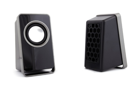 two computer speakers on a white backgroundの写真素材