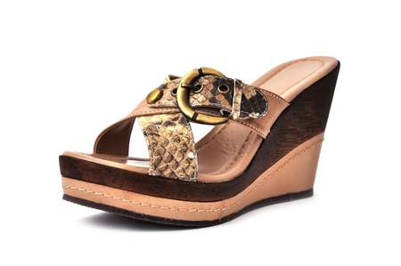 brown ladies shoes on a white backgroundの写真素材