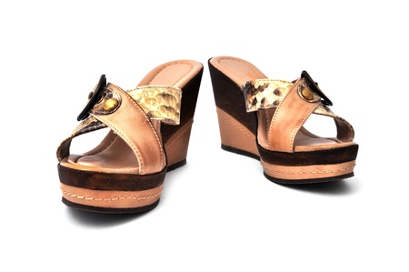brown ladies shoes on a white backgroundの写真素材