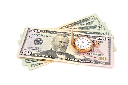 dollars and  gold watch on a white backgroundの写真素材