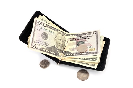 purse on the latch of dollars on a white background