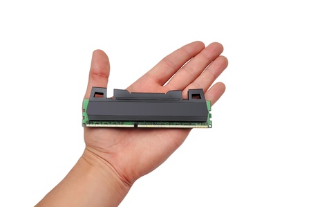 RAM in hand  on a white background