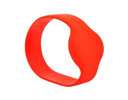 red RFID bracelet on a white backgroundの写真素材