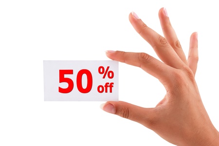 discount of 50 percent in hand on white backgroundの写真素材