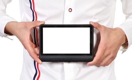 black digital tablet in handの写真素材