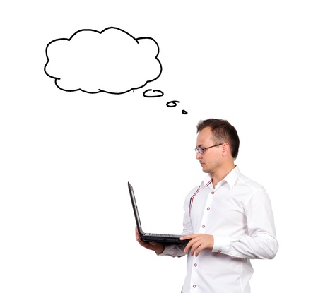 businessman dreaming with laptop on white backgroundの写真素材