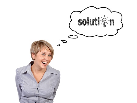 funny  businesswoman dreaming on white backgroundの写真素材