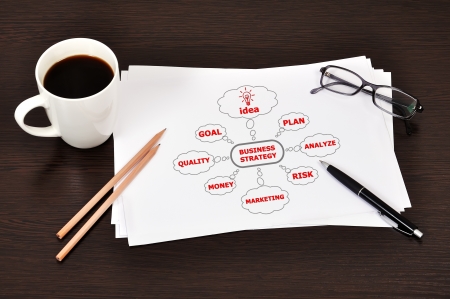 Note business strategy on table businessmanの写真素材