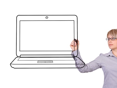 woman drawing laptop on a white backgroundの写真素材