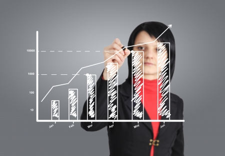 woman drawing a graph on a glass window in an officeの写真素材