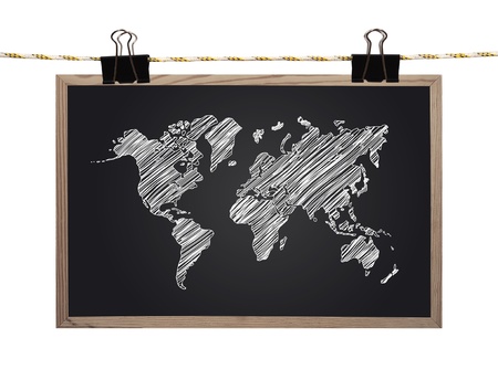 blackboard with world map  hanging on a ropeの写真素材