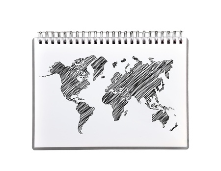 Notebook With Metal Binder and drawing world mapの写真素材