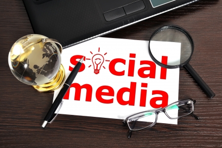 workplace with drawing social media on paperの写真素材