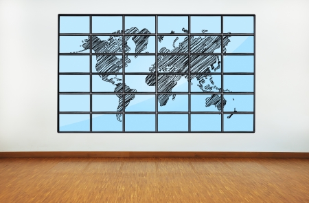 plasma with wotld map on wall in officeの写真素材