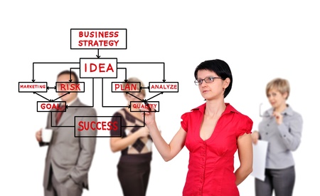 businesswoman drawing business strategy  and people on backgroundの写真素材