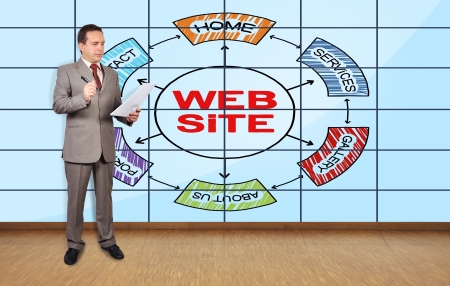 businessman in office and scheme website on plasma wallの写真素材