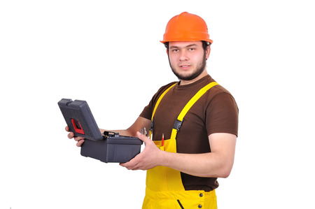 builder holding a tool box isolated on white