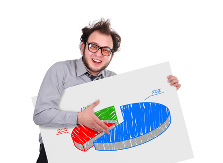 crazy businessman holding signboard with chartの写真素材
