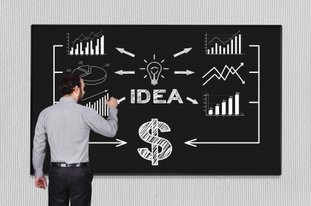 young businessman drawing on blackboard idea strategyの写真素材