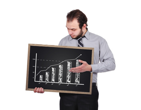 businessman holding blackboard with drawing chart  isolated on whiteの写真素材